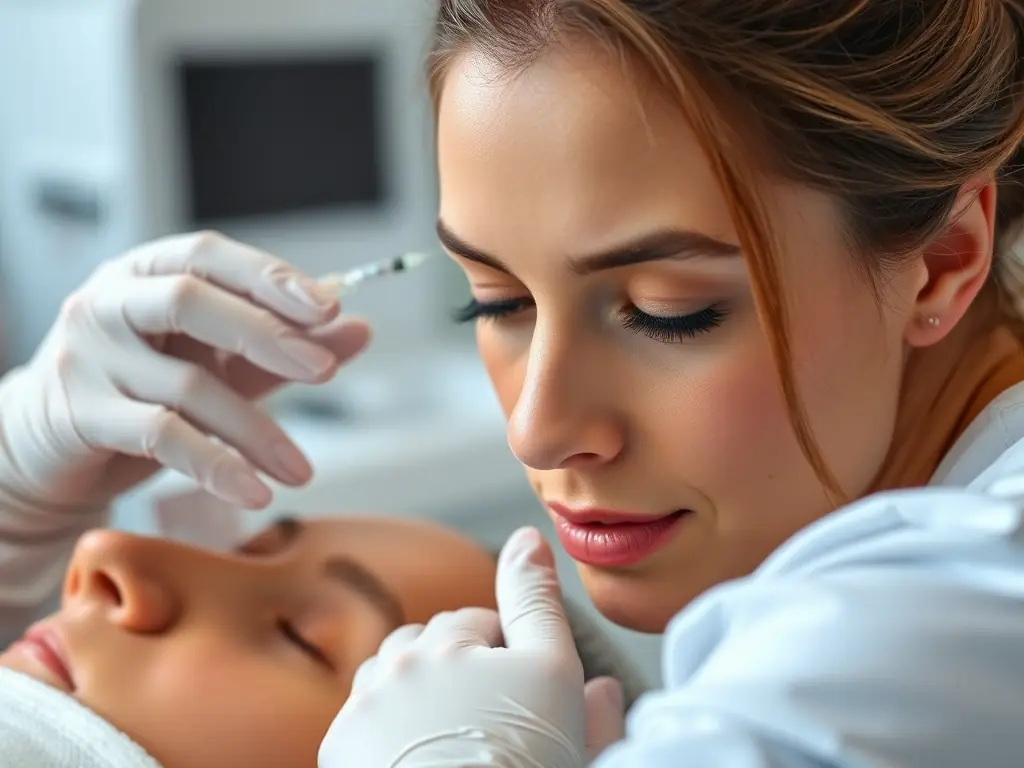 Et nærbillede af en kosmetisk sygeplejerske, der omhyggeligt udfører en Botox-behandling på en patients pande, med fokus på præcision og professionalisme.
