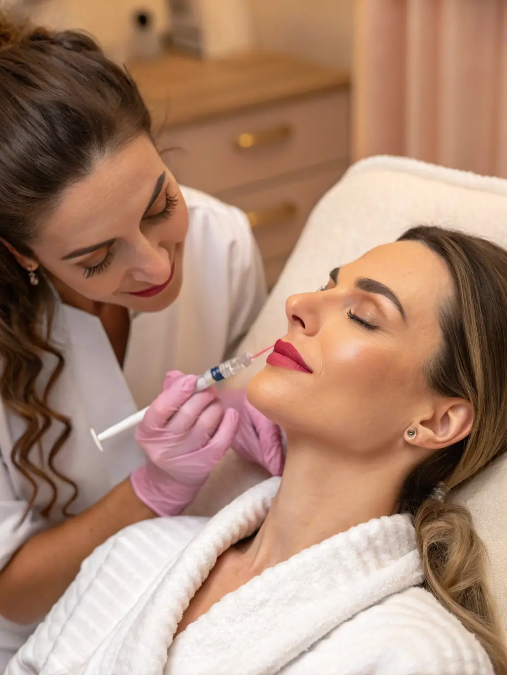 Image of a patient receiving lip filler injections, showcasing the process of enhancing lip volume and shape. The image should be clear and demonstrate the technique used.